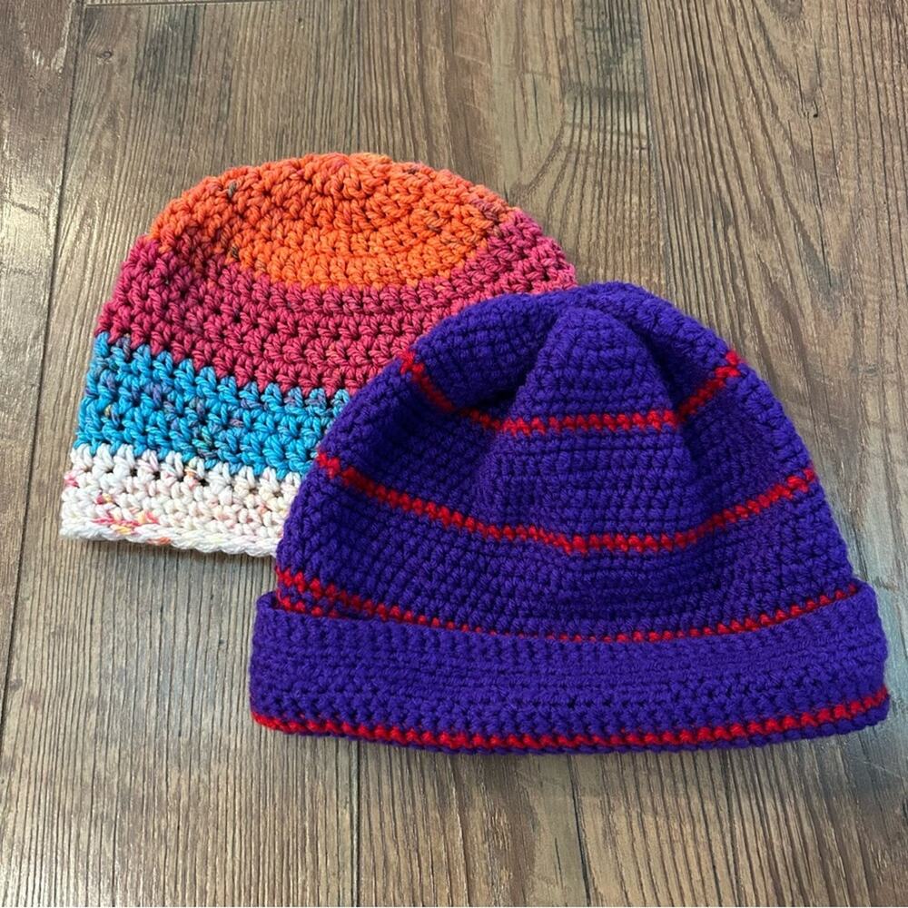 Two Handmade Crochet/Knitted Winter Beanie Hats